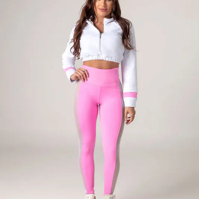 Conjunto Patrícia Rosa e Branco + Casaquinho curto com zíper