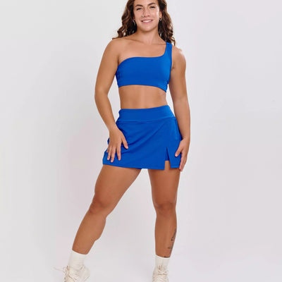 Conjunto Azul Top Ombro único + Short Saia